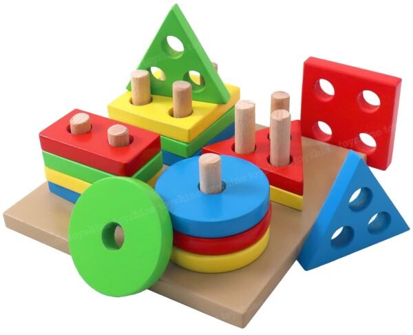 Toyshine Wooden Building Blocks Shapes Square Column Blocks Sorting & Stacking Toys For Kids Toddlers For 1 2 3 Year Old -Multi Color,1 Piece