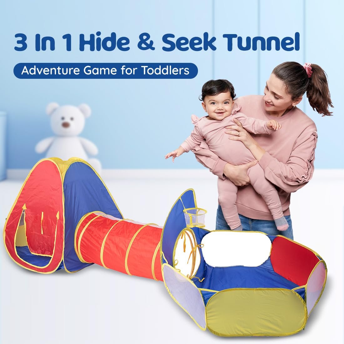 BUMTUM Baby Tunnel 3-in-1 Hide & Seek Ball Pool Tunnel for Kids 1-5 Years Girls | Boys Toddlers Ball Pit Foldable Tent House for Kids Activity Indoor Outdoor Toys - Balls Not Included - Image 2
