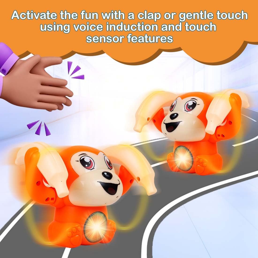 Gooyo GY-2020 Battery Operated Voice Control Monkey Toy with Musical, Dancing,Spinning,Rolling and Sensor Feature for Gifts/Kids/Babies/Boys/Girls|Orange Color,Power Source:3xAAA Battery(Not Included) - Image 3