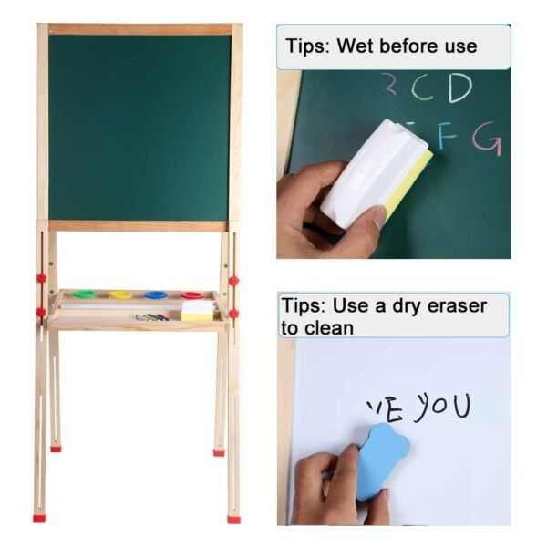 Kids Art Easel,Whiteboard and Chalkboard Easel for Kids, 0.8 Inch Thick Wood Frame and Adjustable Height, All Accessories Include - Image 6