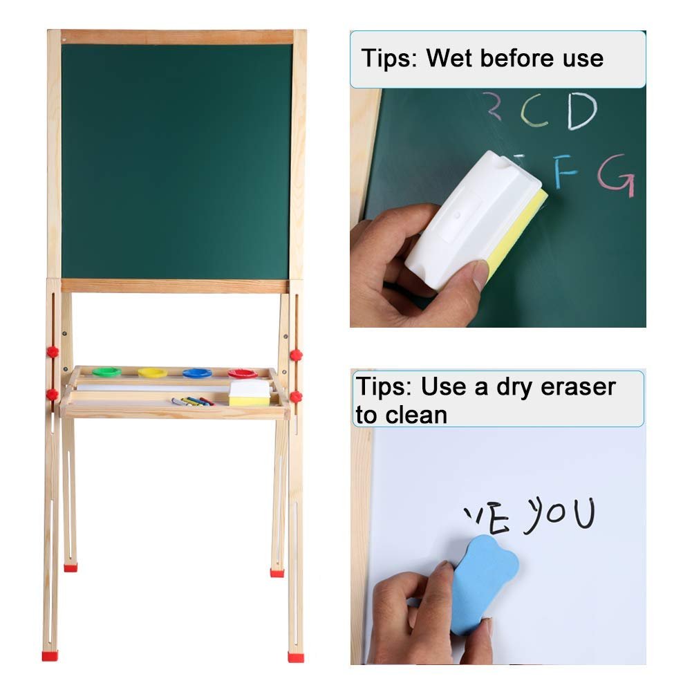 Kids Art Easel,Whiteboard and Chalkboard Easel for Kids, 0.8 Inch Thick Wood Frame and Adjustable Height, All Accessories Include - Image 6