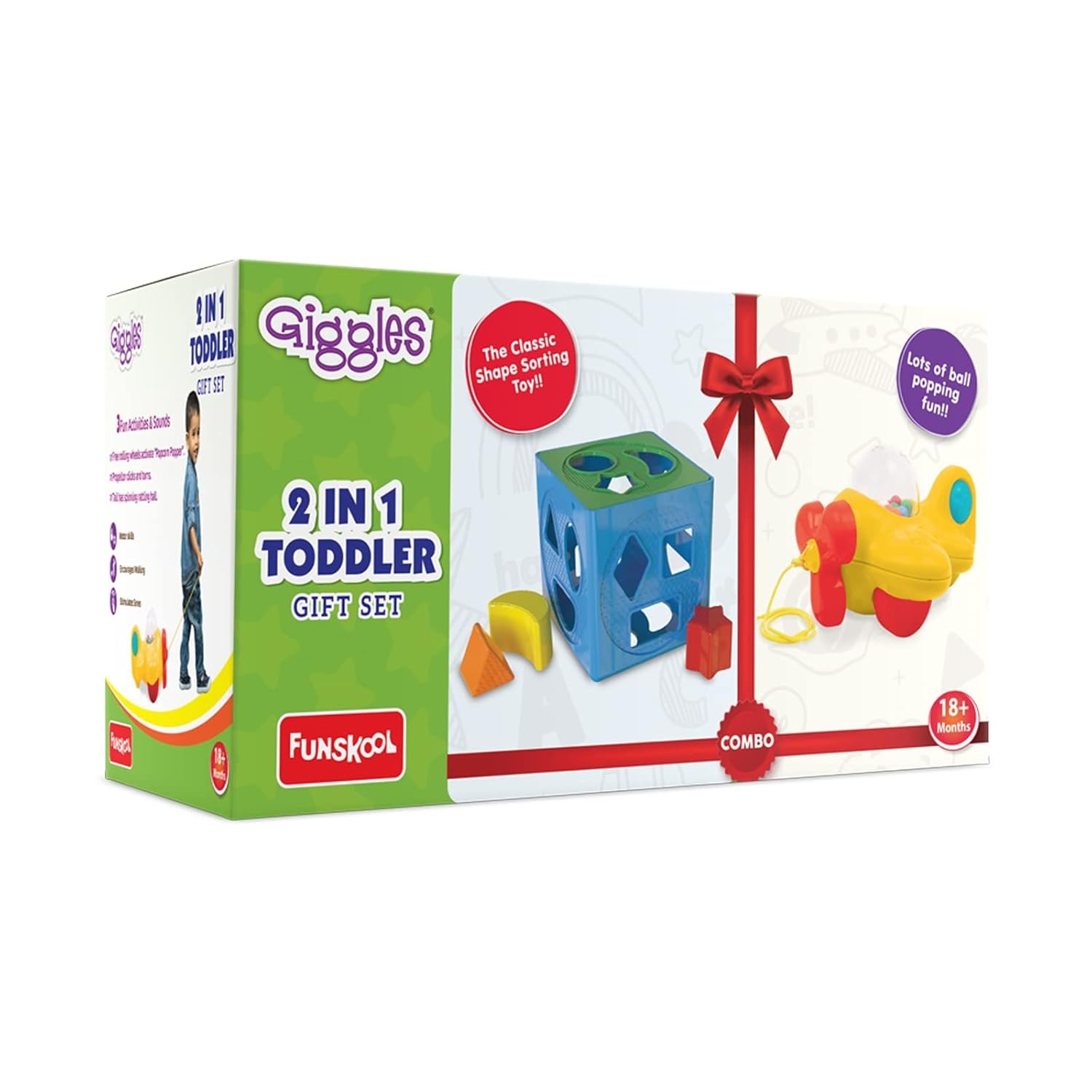 Funskool Giggles - 2 in 1 Toddler Multicolour Giftset,Shape Sorting Cube and Aeroplane Pull Along Toy, Develops Motor Skills,18 Months and Above, Infant & Pre-School Toys