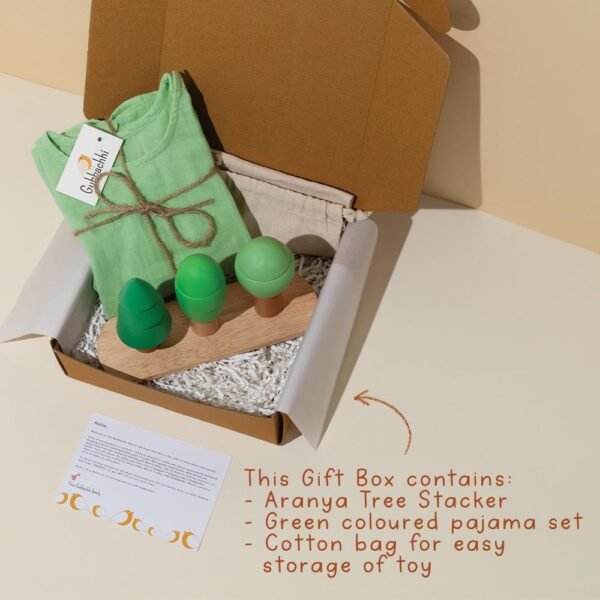 Aranya With Green Pajama Gift Set | Wooden Stacker and Muslin Pajama Combo | Handmade in India | Natural Wood Toy for Children | Birthday Gift (1-2 Years) - Image 3