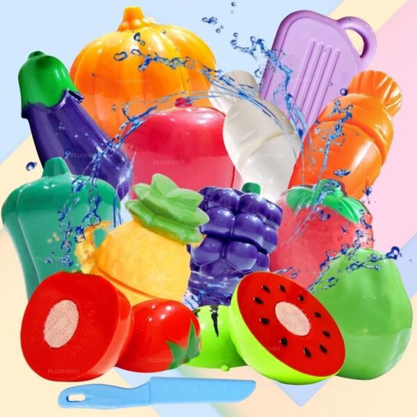 PLUSPOINT 14 PCS Food Cutting Toy for Kids, Pretend Play Kitchen Set of Fruit & Vegetables Set Includes 6 Fruits, 6 Vegetables,1 Board,1 Knife for Girls and Boys (Fruits n Veggies 14pc) - Image 6