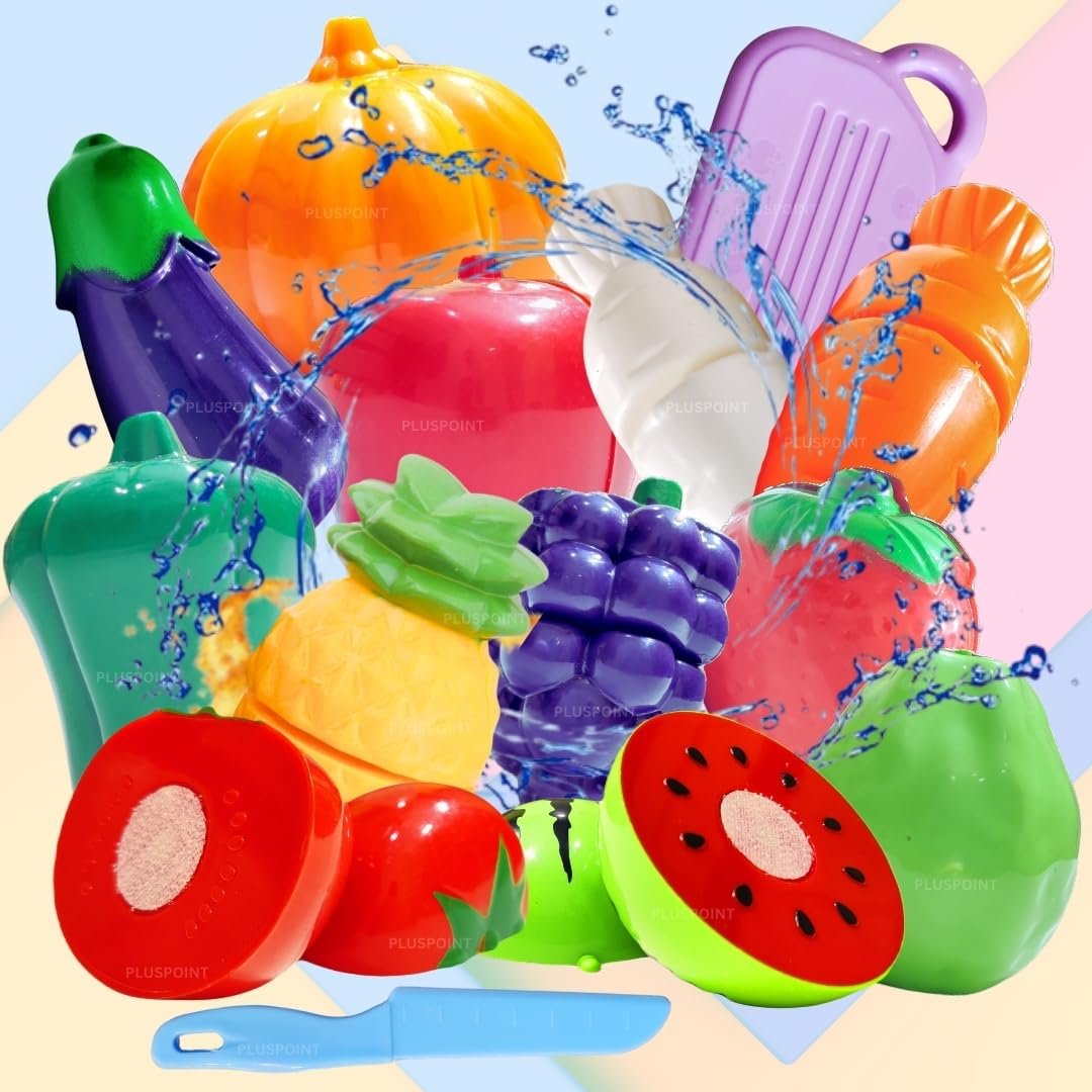 PLUSPOINT 14 PCS Food Cutting Toy for Kids, Pretend Play Kitchen Set of Fruit & Vegetables Set Includes 6 Fruits, 6 Vegetables,1 Board,1 Knife for Girls and Boys (Fruits n Veggies 14pc) - Image 3