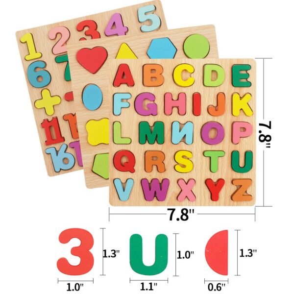 GenericBrands Wooden Alphabet Number Shape Puzzles, 3 in 1, 71 Pieces, 3 Sets, 2-6 Years Old, Beginner, Knob and Pegged, Rustic-Educational - Image 3
