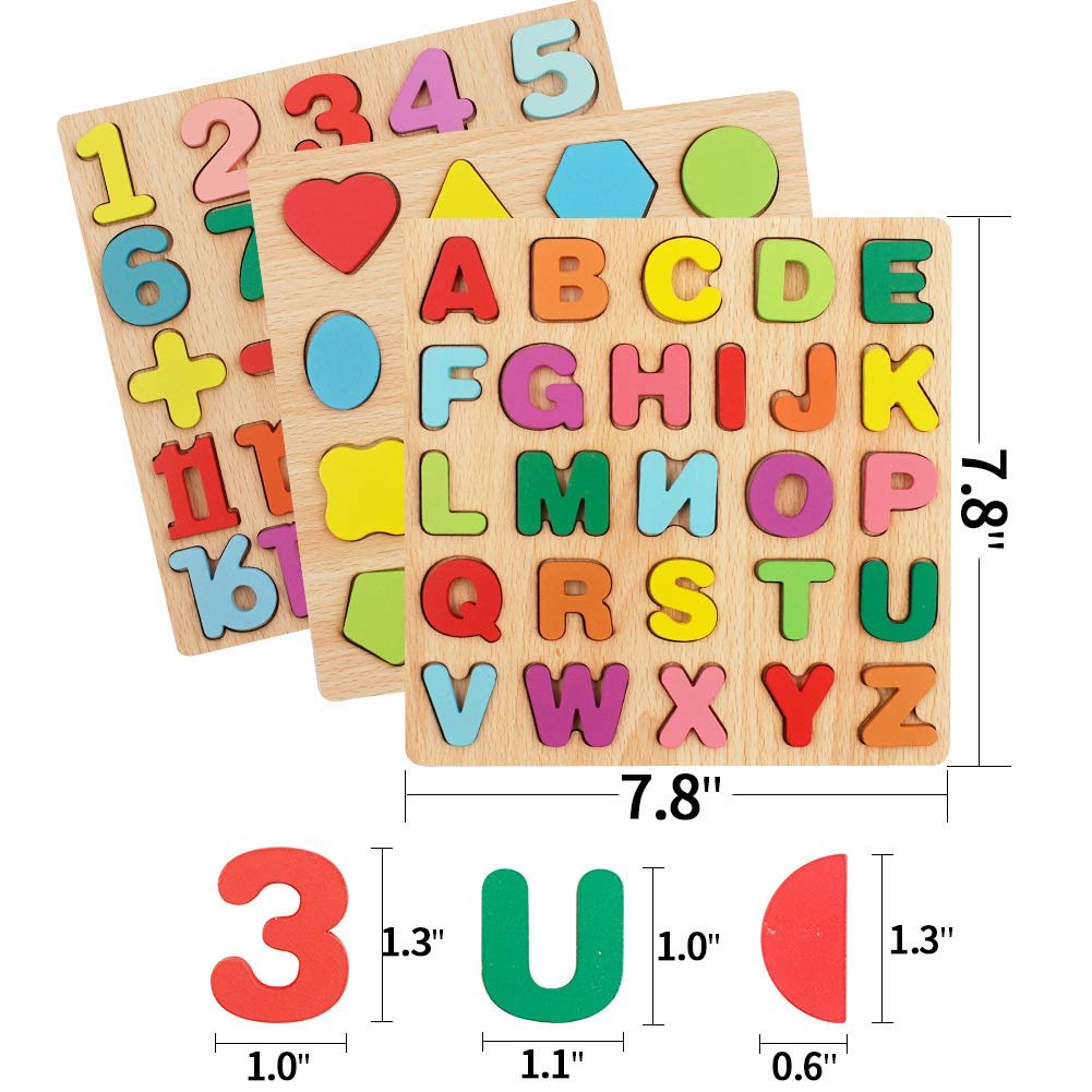 GenericBrands Wooden Alphabet Number Shape Puzzles, 3 in 1, 71 Pieces, 3 Sets, 2-6 Years Old, Beginner, Knob and Pegged, Rustic-Educational - Image 3