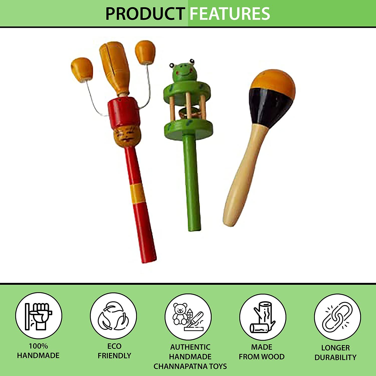 Channapatna Toys Colorful Wooden Rattles for Baby/Infants Set of 3 pcs- Multicolor (0+ Years) - Discover Sounds, Develops Sensory Skills - Image 3