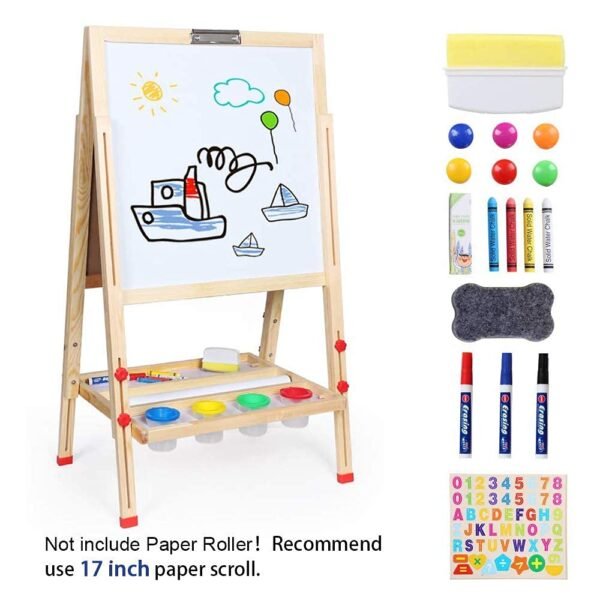 Kids Art Easel,Whiteboard and Chalkboard Easel for Kids, 0.8 Inch Thick Wood Frame and Adjustable Height, All Accessories Include - Image 3