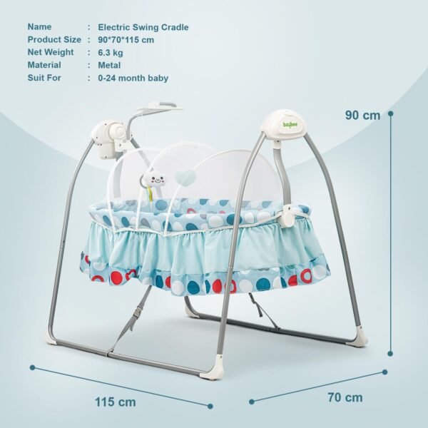 BAYBEE Wanda Electric Swing Cradle for Babies | Automatic Cradle for New Born Baby with 6 Speed Control, Mosquito Net, Toy Bar & Music | Jhula for Kids | Baby jhula for 0 to 2 Years Boys Girls (Blue) - Image 2