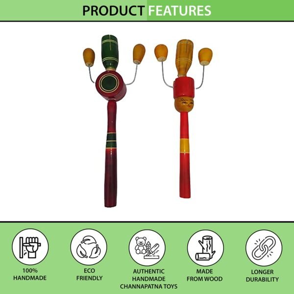 Channapatna Toys Wooden Rattle Toys for New Born Babies/Infants (0+ Years) - Set of 2 pcs - Multicolor - Discover Sounds, Develops Sensory Skills - Image 3