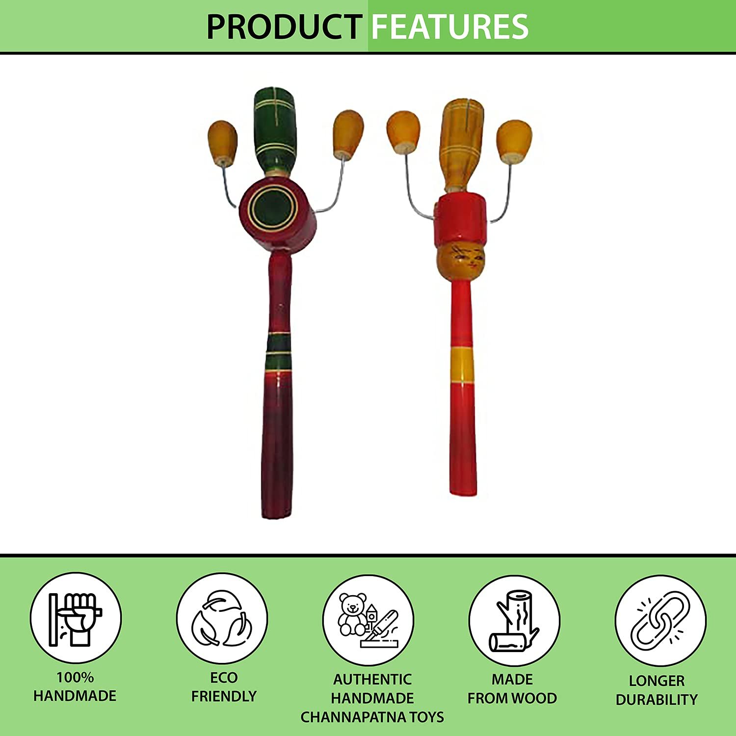 Channapatna Toys Wooden Rattle Toys for New Born Babies/Infants (0+ Years) - Set of 2 pcs - Multicolor - Discover Sounds, Develops Sensory Skills - Image 3