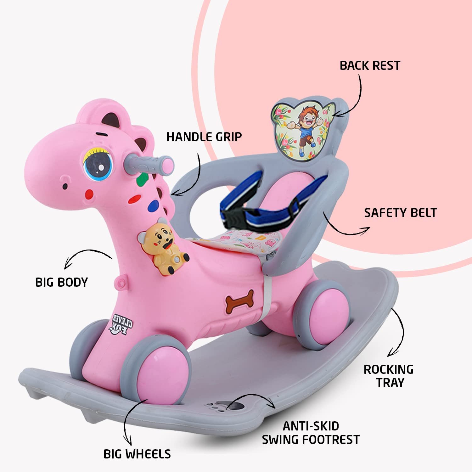 Clever Fox Rio Dinosaur Ride on Musical Toy Rockers for Kids/Rocker Indoors & Outdoors Made in India for 1-3 Years Unisex Kids (Pink) - Image 4
