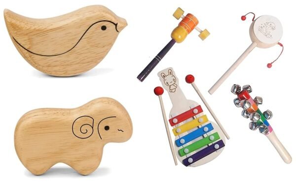Wooden Baby Rattle Toys Set for Baby, New Born Baby, Just Born Babies (0+ Years) - Set of 6 pcs - Multicolor - Discover Sounds & Develops Sensory Skills