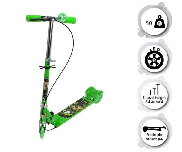 Ixora® Kick Scooter for Kids 3 Wheeler Foldable Kick Skating Cycle with Brake and Bell, LED on Wheels and Height Adjustable for Boys and Girls for 3-7 Years (Green)
