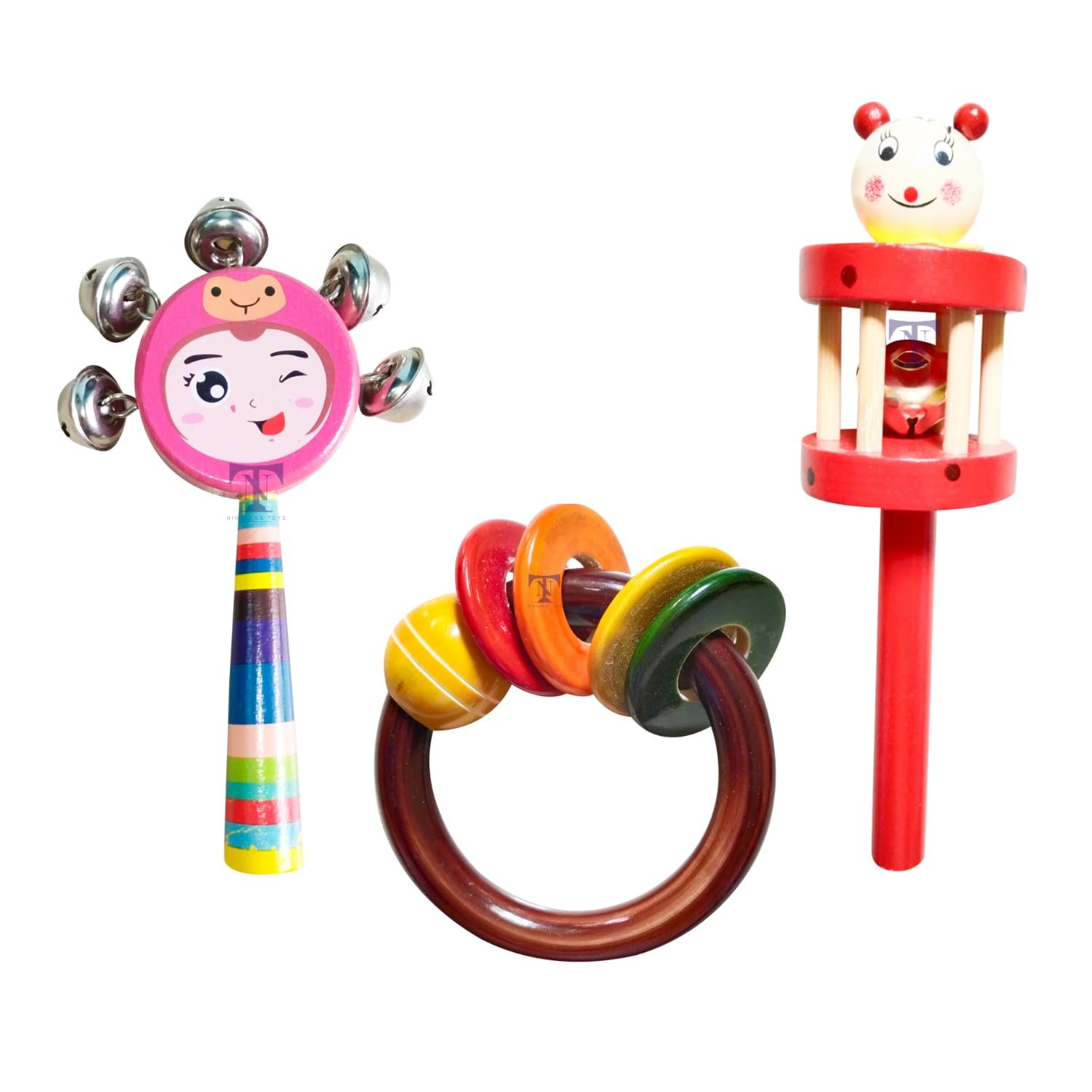 Colourful Wooden Baby Rattle Toy - Hand Crafted Rattle Set for Kids - Musical Toy for Newly Born - Wooden Ring Teether for New Born Babies (Pack of 3) cage, face, Ring teether
