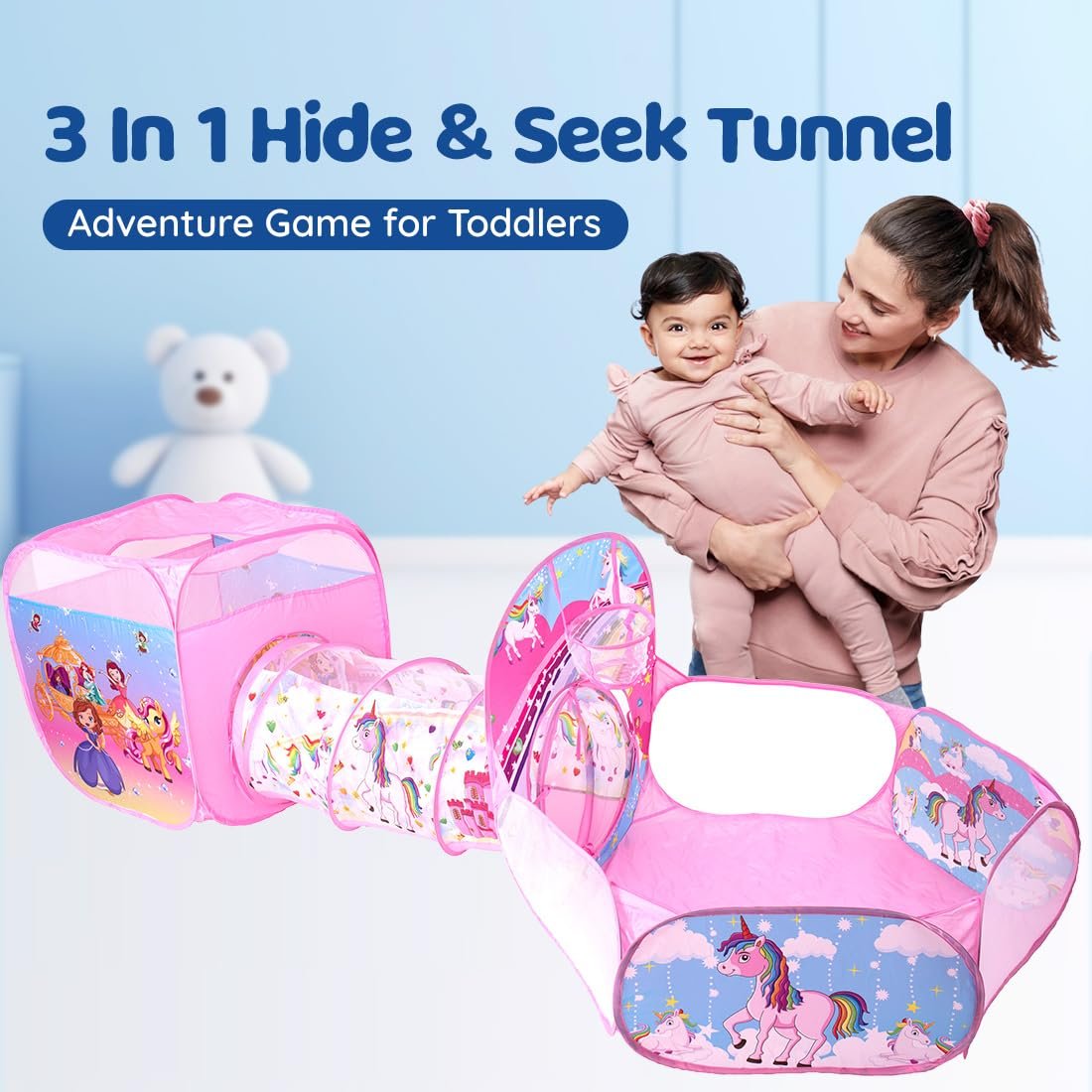 BUMTUM Baby Tunnel 3-in-1 Unicorn Ball Pool Tunnel for Kids 1-5 Years Girls | Boys Toddlers Ball Pit Foldable Tent House for Kids Activity Indoor Outdoor Toys - Balls Not Included | Unicorn Tunnel - Image 2