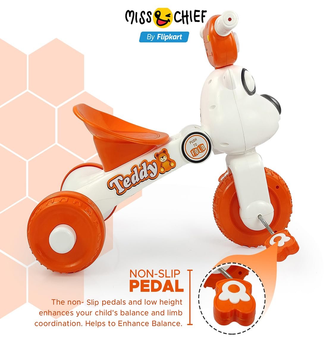 Dash Teddy Foldable Tricycle for Kids 1-3 Years, Baby Cycle With Light and Music (Capacity 20Kg | Orange) - Image 4