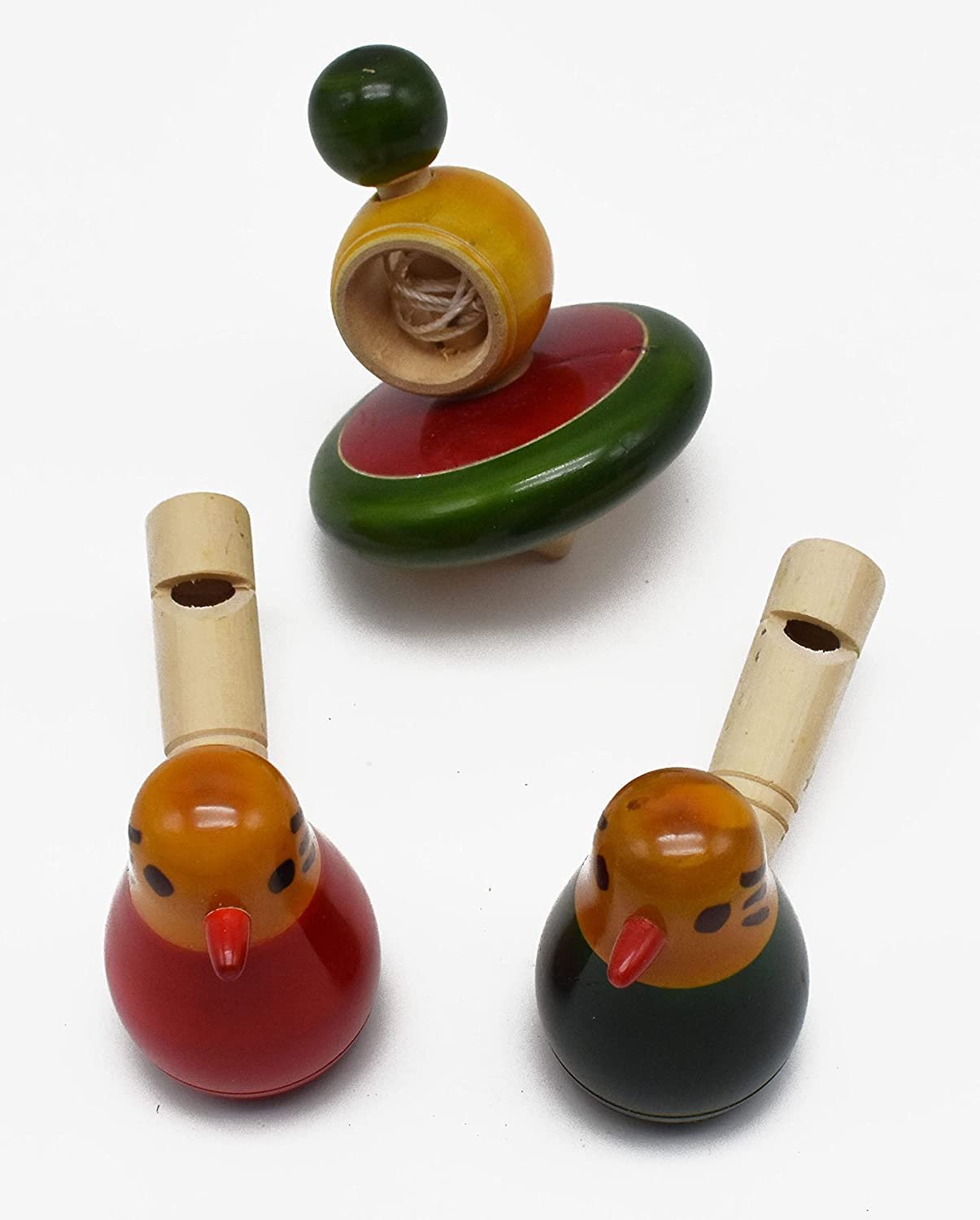 Channapatna Toys Wooden Bird Whistle Toy & Spinning Top for Kids (1 Year+) - Set of 3 pcs - Multicolor