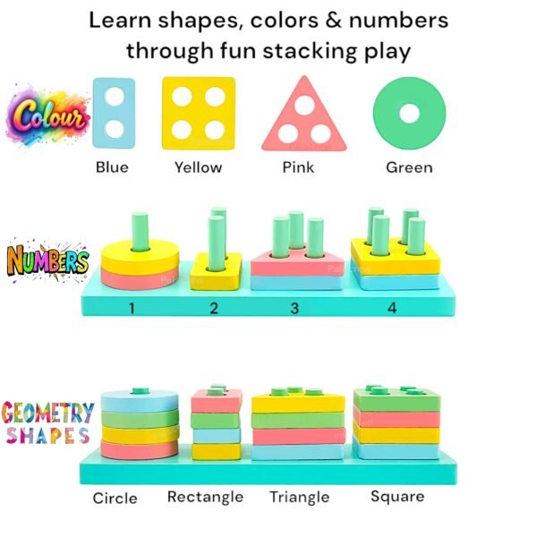 Wooden Geometry Angle Blocks Four Shapes Four Colour Stacker Shape Sorter Column Puzzle toyfor Kids Age 2-6 Years (Wooden Geometry Stacker) - Image 4