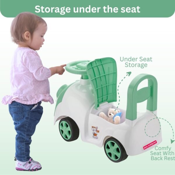 MiniExplorer Rabbit Ride On & Toy Car for Kids with Music & Horn Steering, Push Car for Baby with Backrest, Safety Guard, Under Seat Storage & Big Wheels | Ride On for Kids 1 to 3 Years - Green - Image 4