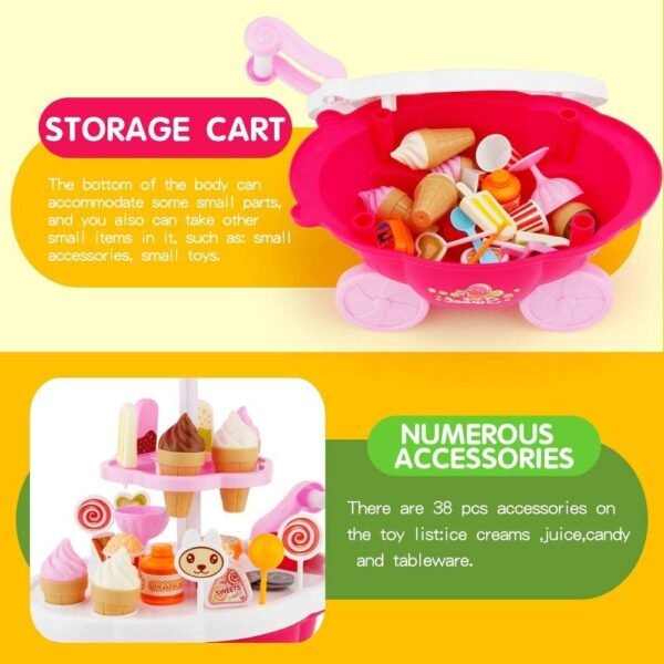 Plastic 42 Pcs Big Size Kitchen Playset | Musical & Light Kitchen Set Toy for Kids with Sound and Accessories Set for 4 Year Old (Pink Ice Cream Trolley) - Image 3