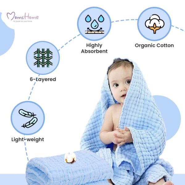 MOM\'S HOME Baby Super Soft Absorbent Muslin 6 Layer wash Towel- 100X100 CM - | 0-3 Years | Blue - Image 6