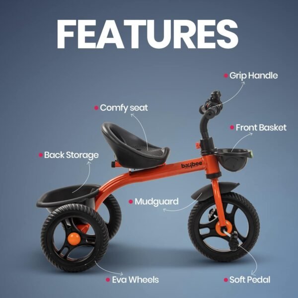Baybee Geezee Baby Tricycle for Kids | Balanced Baby Trikes with Eva Wheels, Front & Back Storage Basket for Toys | Children Bicycle for Kid | Kids Cycle for 2-5 Years Boy Girl (Orange) - Image 4