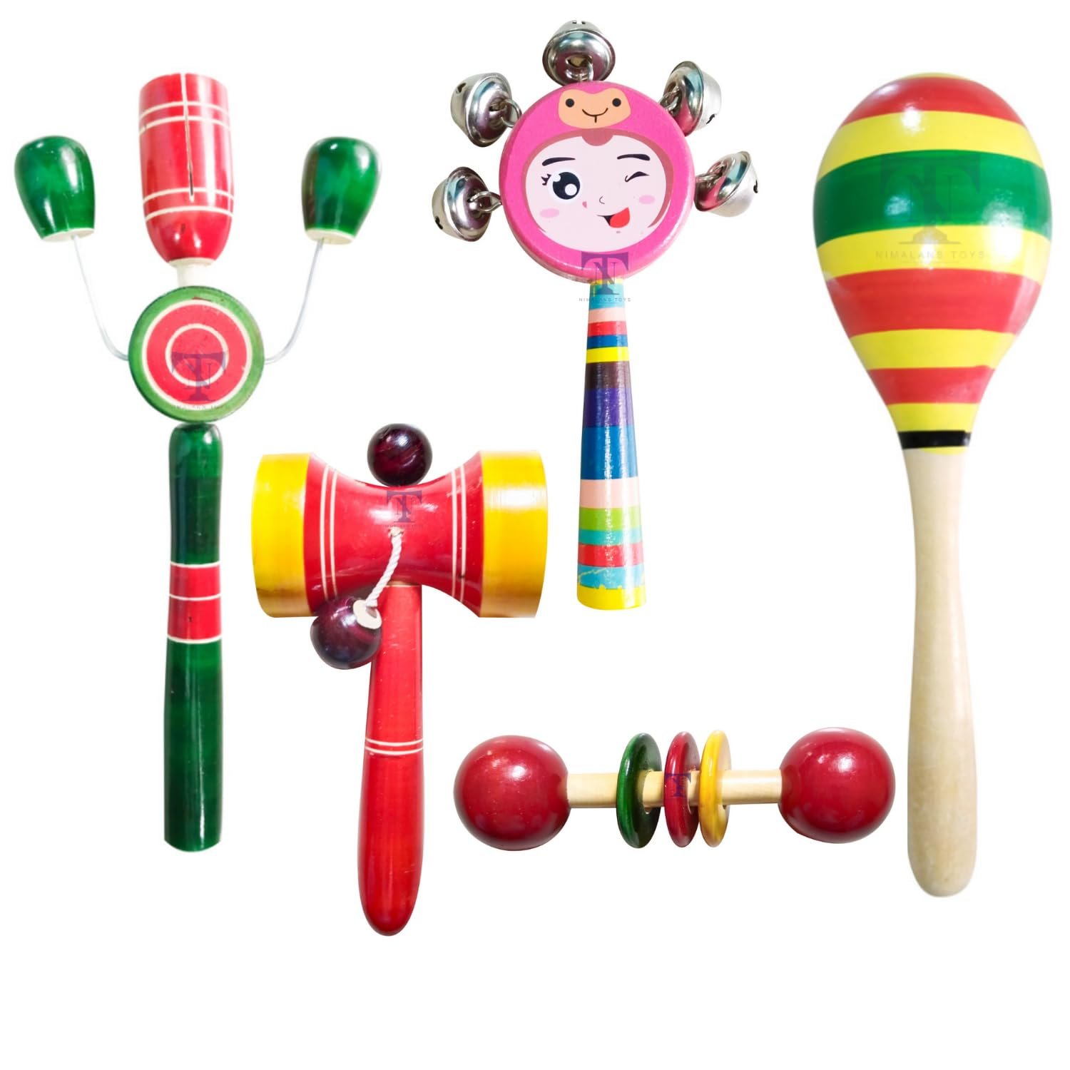 Colourful Wooden Baby Rattle Toy - Hand Crafted Rattle Set for Kids - Musical Toy for Newly Born - Wooden Teether for New Born Babies - Baby Teethers(Pack of 5)Tik S,Dumura,face,Egg rattle,Teether Spl