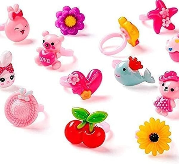 TAHERA Kids Rings for Girls,Gift for Birthday, Fancy Cartoon Finger Ring Set with Pink Heart Shape Box, Kid Play Toy with FREE Bracelet Inside (36 rings + 1 bracelet)