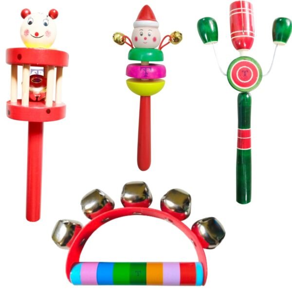 Nimalan\'s Toys Colourful Wooden Baby Rattle Toy - Hand Crafted Rattle Set for Kids - Musical Toy for Newly Born - Pack of 4(Cage,Rainbow Handle,TIK,dumura)