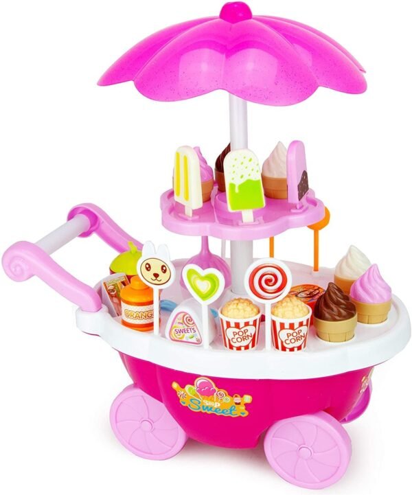 Plastic 42 Pcs Big Size Kitchen Playset | Musical & Light Kitchen Set Toy for Kids with Sound and Accessories Set for 4 Year Old (Pink Ice Cream Trolley)