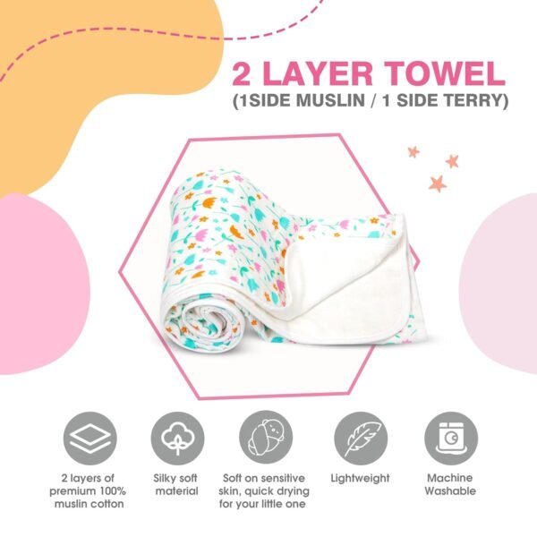 Mee Mee Supremely Absorbent 100% Cotton 2 Layer Premium Soft Baby Towel for New Born | 2 Layers of Muslin & Terry | Washcloth for Kids/Toddlers/Infants/Babies | Pack of 1- Flower Print 75X100 CM - Image 4