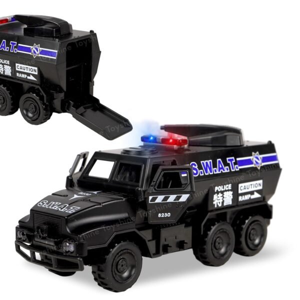 Toyshine 1:40 Scale Die Cast Pull Back High Simulation Police Armored Vehicle Truck Toy with Opening Doors, Light & Music Model Collection Educational Learning Toys for Kids 3+, Black