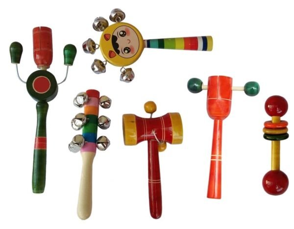 Channapatna Toys Wooden Baby Rattles Toys for 0 to 6 to 12 Months, New Born Babies, Infants- Set of 6 pcs - Multicolor - Image 2
