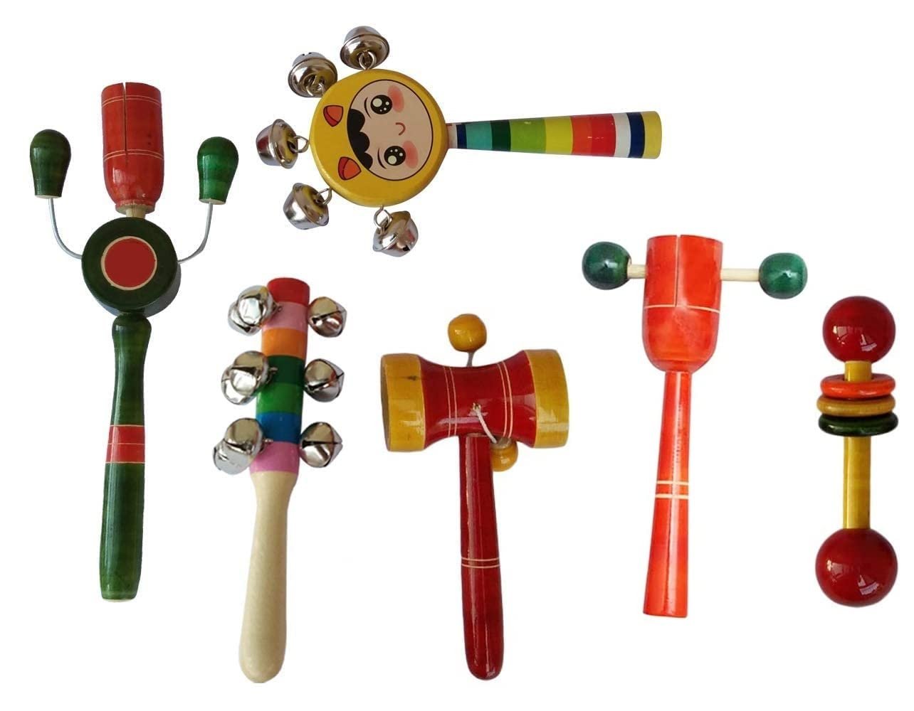 Channapatna Toys Wooden Baby Rattles Toys for 0 to 6 to 12 Months, New Born Babies, Infants- Set of 6 pcs - Multicolor - Image 2