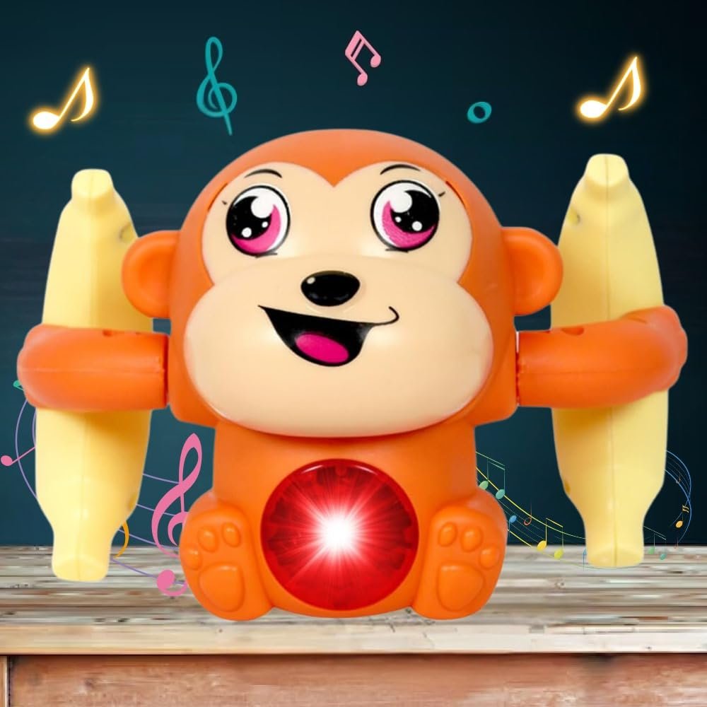 Dancing Monkey|Voice & Touch Sensor with Musical Light & Sound Effect|AAA Battery Operated|Birthday Gift|Spinning & Rolling Doll Tumble Toy for Kids 1 Year +|Made in Indiaorange