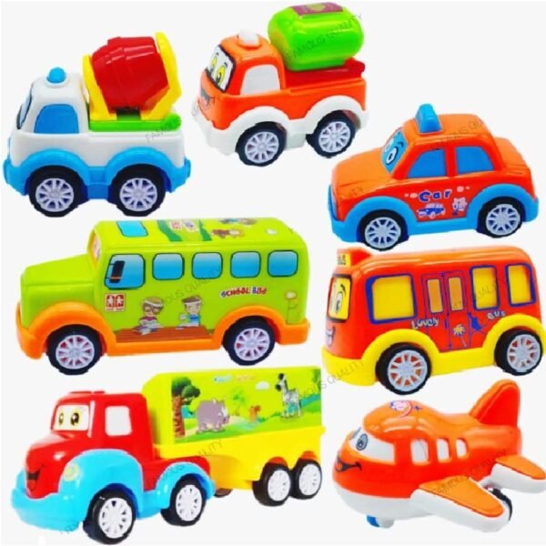 Famous Quality Plastic Unbreakable Friction Powered and Pull Back Automobile Car Plane Truck Taxi Toys for Kids - Set of 7 Pc - Image 6