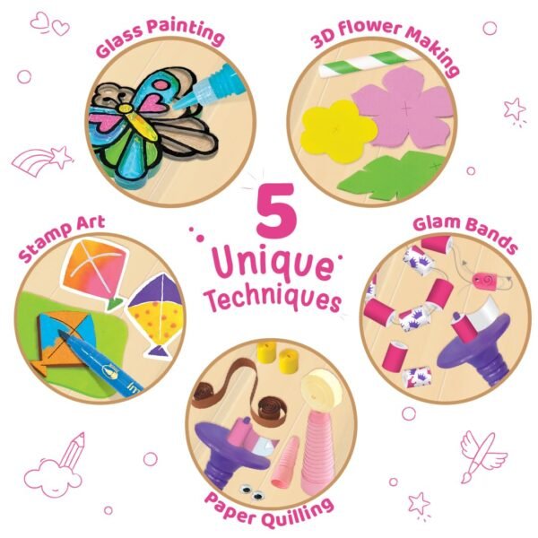 Imagimake Fabulous Craft Kit – 5-in-1 Arts & Crafts Set for Kids – Glass Painting, Paper Quilling, Stamp Art & More – Fun DIY Gift for Girls Ages 5-9 - Image 3