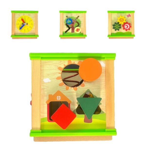 5 in 1 Montessori Themed Activity Cube for Kids 1-4 Years (Beads Maze + Colourfull Clock + Gear Wheels + Shape sorter + Routing Insects) - Image 6