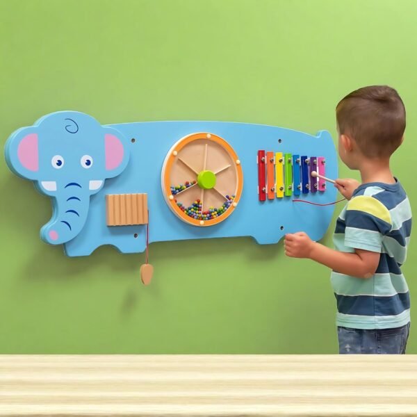 Wooden Elephant Activity Wall Panel – Montessori Sensory Busy Board for Kids, Educational Musical Xylophone Toy, Fine Motor Skills & Interactive Play for Toddlers (1-5 Years)