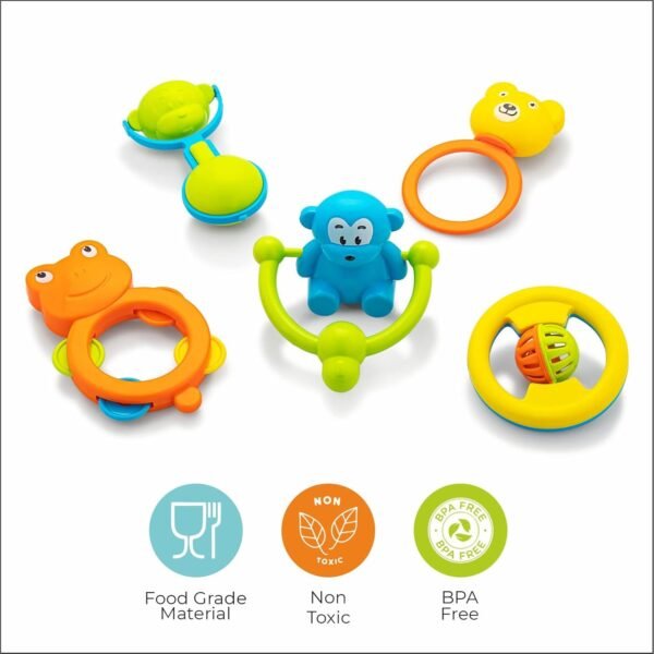 Storio ABS Baby Toys Rattles and Teethers Set for New Born Babies Toddler Infants & Children 5 Pcs-Non Toxic,Multicolor - Image 4