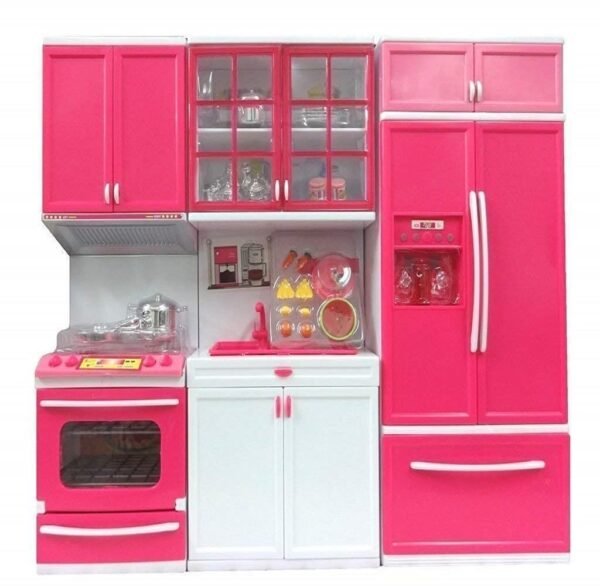 Plastic 3 Compartment Modern Dream House | with Open able Doors | Refrigerator | Accessories | Musical & Light Kitchen Set Toy for Kids with Sound and Accessories Set for 4 Year Old