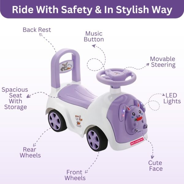 MiniExplorer Rabbit Ride On & Toy Car for Kids with Music & Horn Steering, Push Car for Baby with Backrest, Safety Guard, Under Seat Storage & Big Wheels | Ride On for Kids 1 to 3 Years - Purple - Image 3