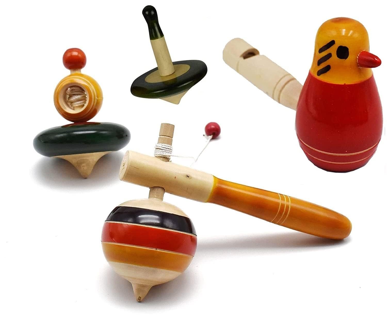 Channapatna Toys Wooden Bird Whistle Toy & Spinning Tops for Kids (1 Year+) - Set of 4 pcs