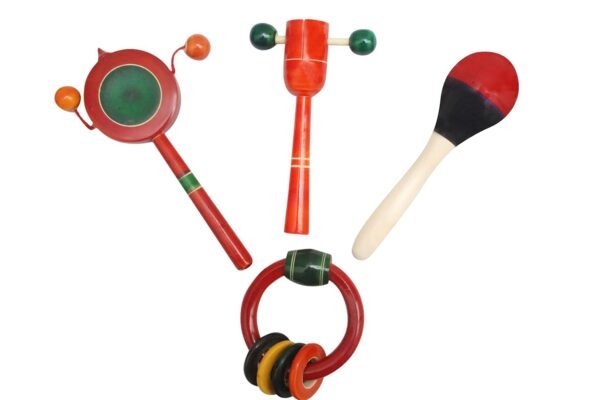 Wooden Rattles Toys for Baby 0 to 6 to 12 Months, New Born Babies, Infants, Kids - Set of 4 pcs - Non Toxic Multicolor - Discover Sounds, Develops Sensory Skills