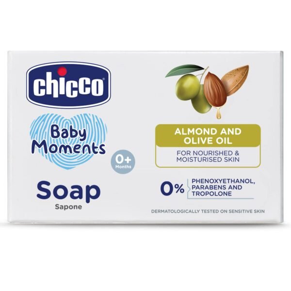 Chicco Baby Moments Bathing Soap for Babies with Almond & Olive Oil, 75g | Nourished & Moisturized Skin| Parabens & Phenoxyethanol Free | Dermatologically Tested on Sensitive Skin