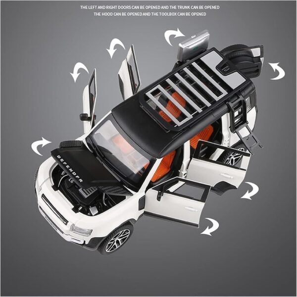 Model Car Zinc Alloy Pull Back Toy Diecast Toy Cars with Openable Doors, Sound and Light for Kids Boy Girl Gift (1:24 Land Rover Defender - White) - Image 3