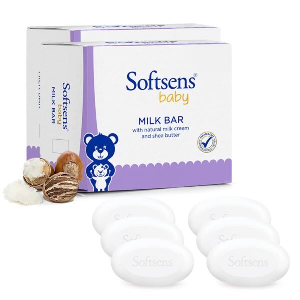 Softsens Baby Milk Bar Soap with Natural Milk Cream & Shea Butter, Vitamin E, Paraben-Free (6 Soaps - in 2 Packs of 3x100g Soap Each)