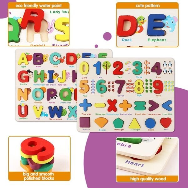 TRENDYKIDS Wooden Educational Puzzles ABCD & 123, Wooden Alphabet Number Shape Puzzles Toddler Learning Puzzle Toys for Kids 3-6 Years Old Boys & Girls, 2 in 1 Puzzle for Toddlers (ABCD&1234 Puzzle) - Image 2